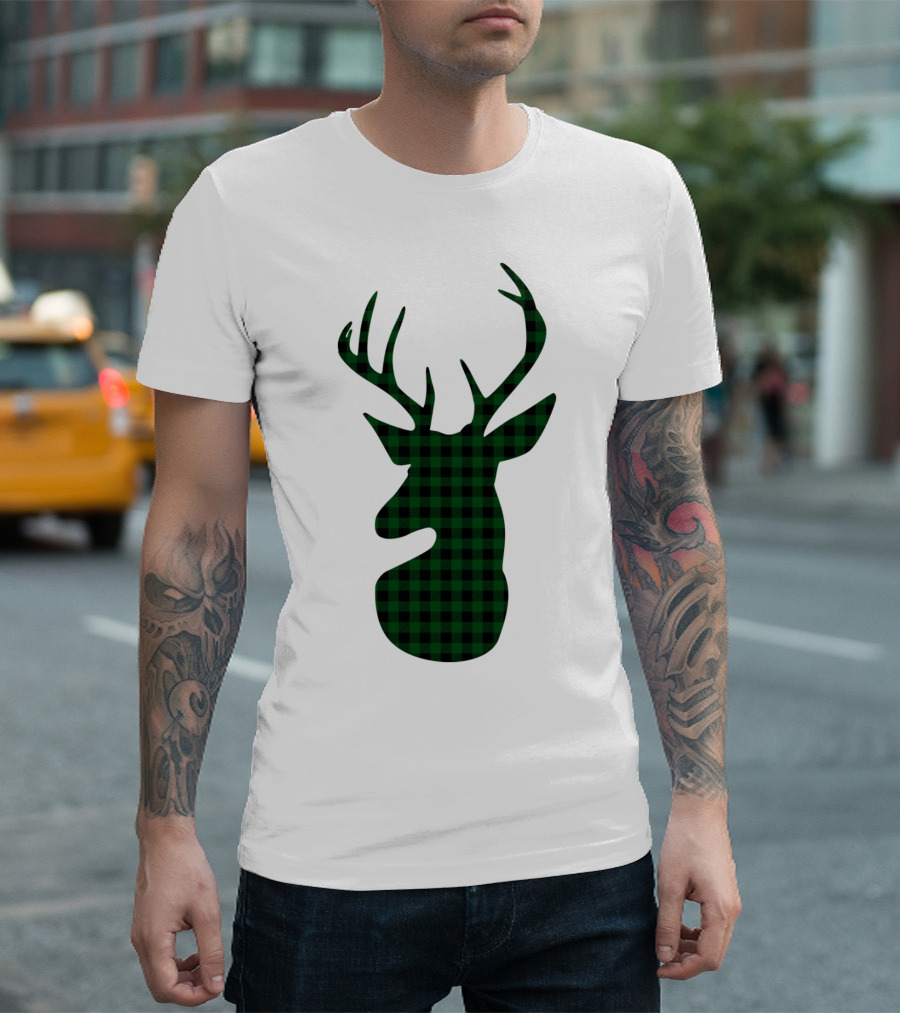 Elegant Green Plaid Deer T-Shirt