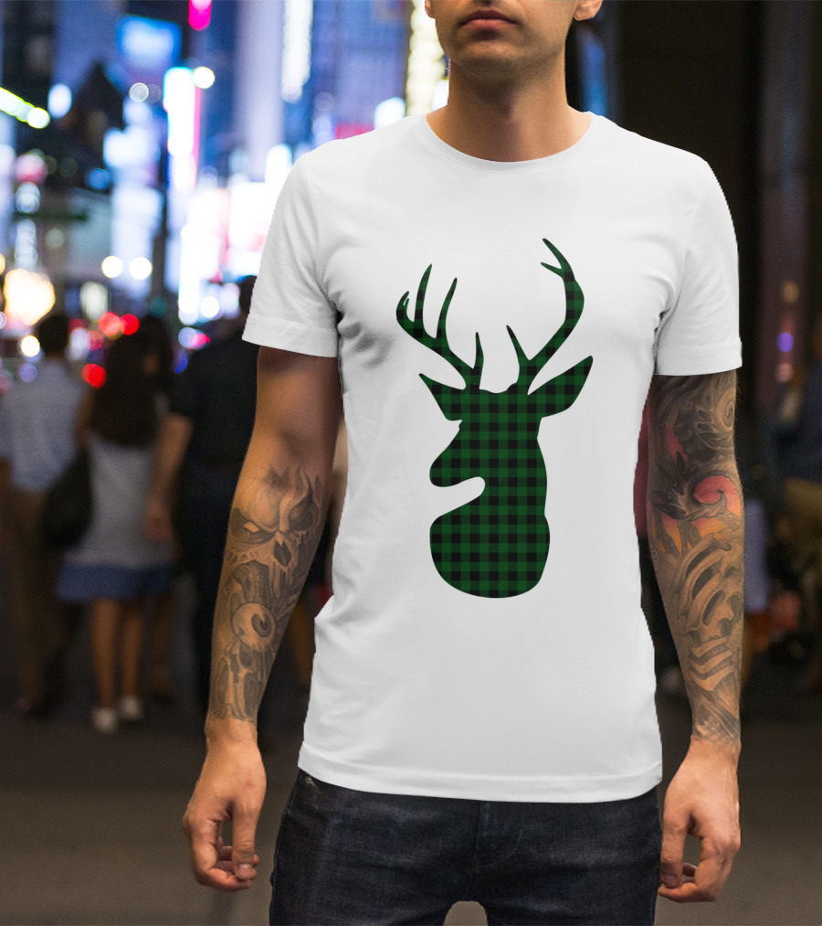 Elegant Green Plaid Deer T-Shirt