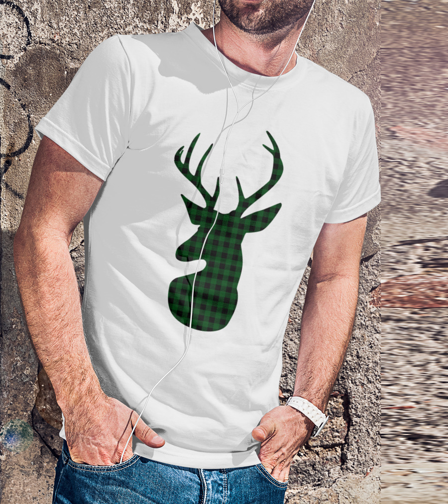 Elegant Green Plaid Deer T-Shirt