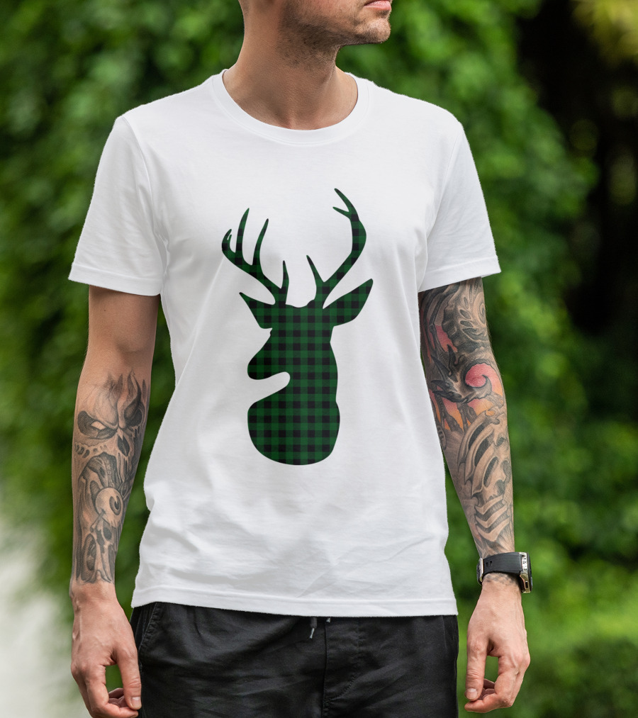 Elegant Green Plaid Deer T-Shirt