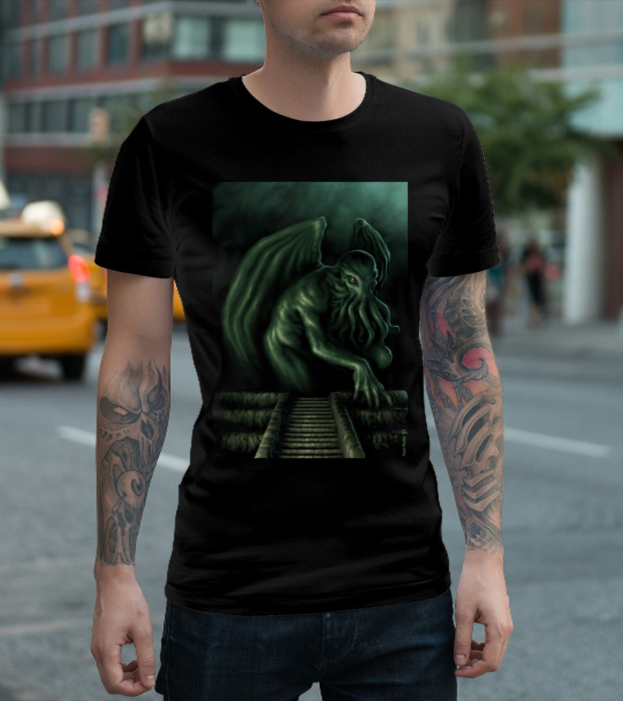 Cthulhur Monster Dark Staircase Winged Creature Art Paul Mudra T-Shirt