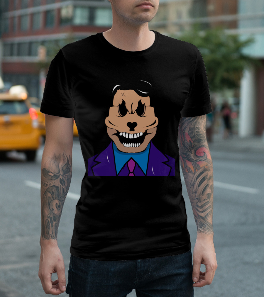 Elegant Skull Grinning Cartoon Character in Purple Suit T-Shirt