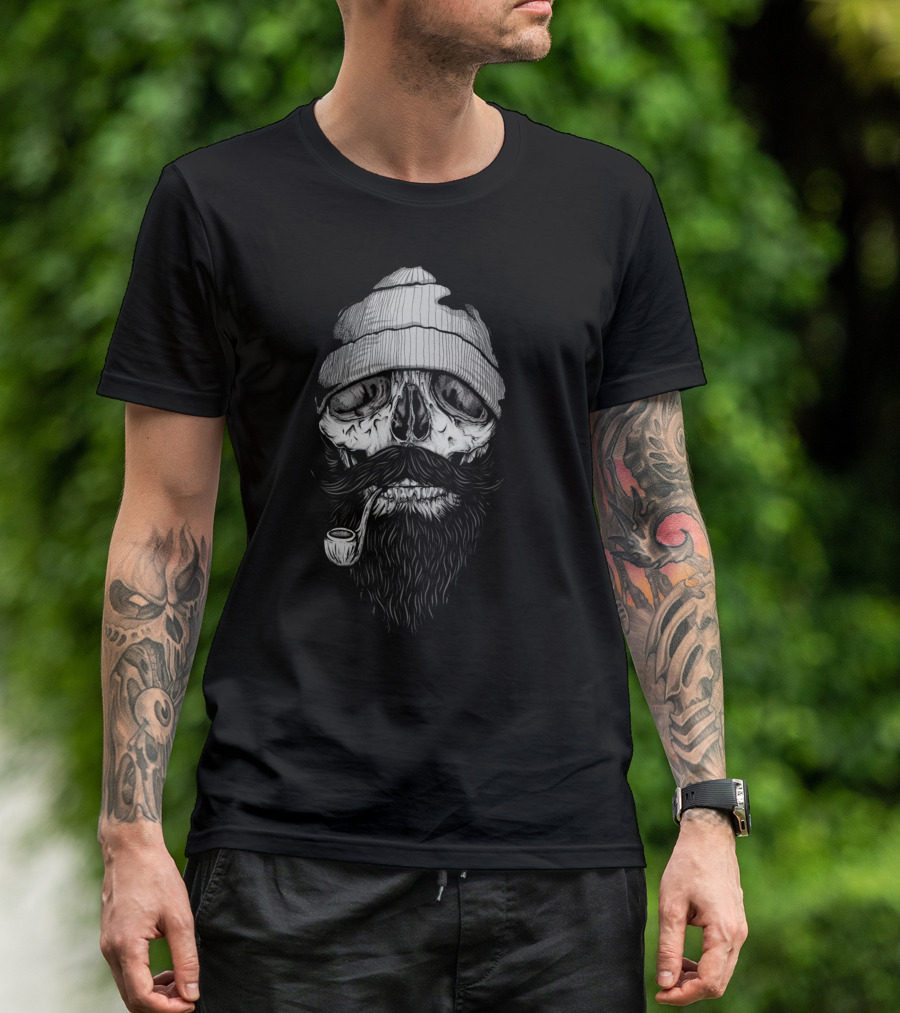 Bone Sailor Beanie Skull With Pipe And Beard T-Shirt