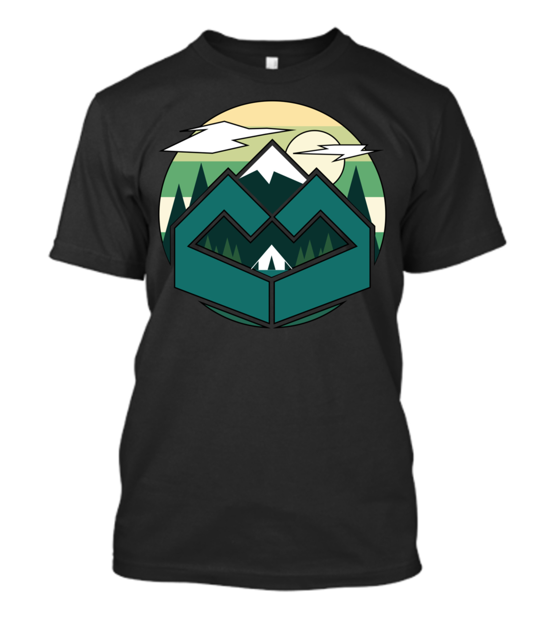 Geometric Green Forest Camper Mountain Landscape Pine Shapes T-Shirt
