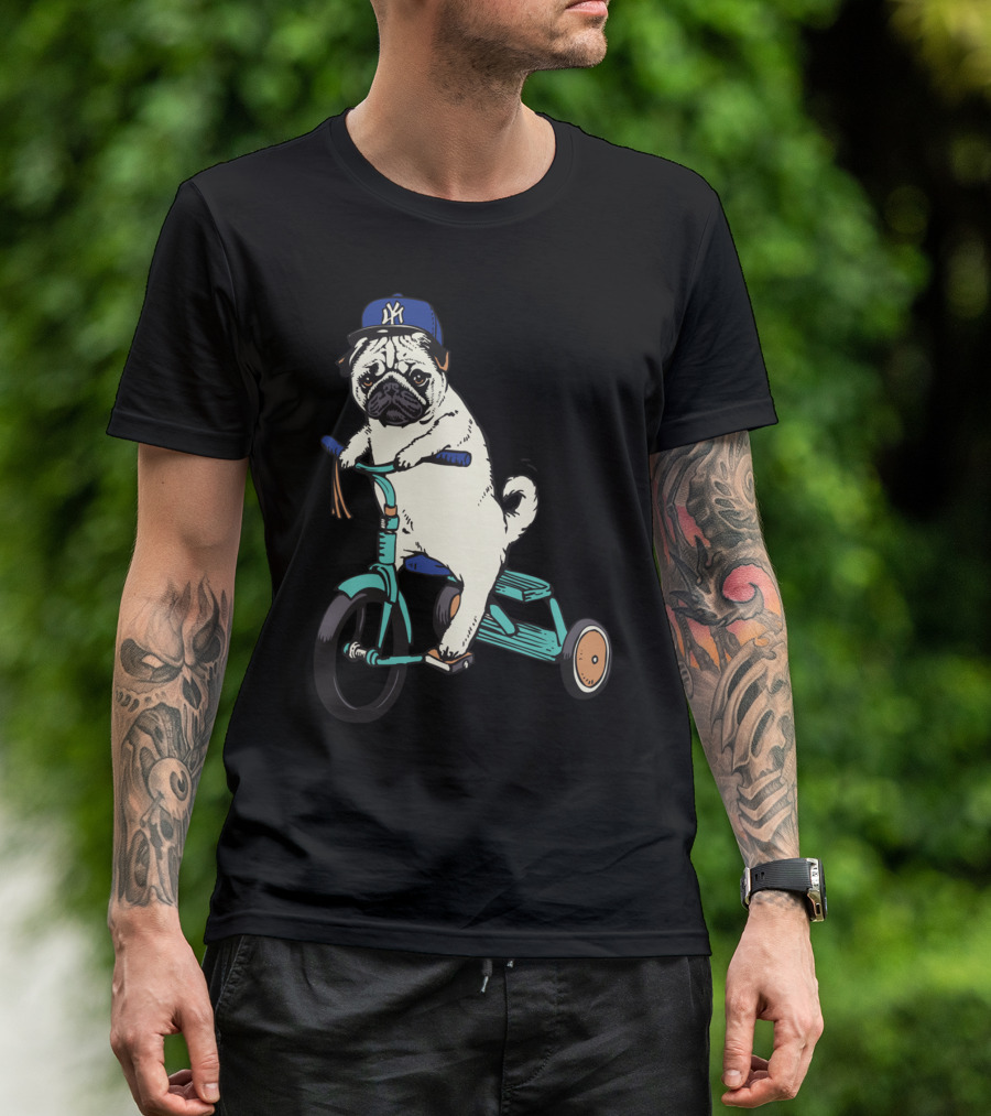 Pug On Tricycle With NY Hat T-Shirt
