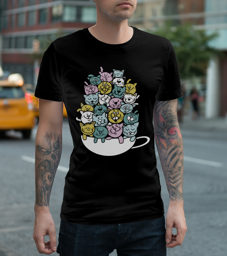 Cup Of Kittens Pile In Colorful Cartoon Mug T-Shirt