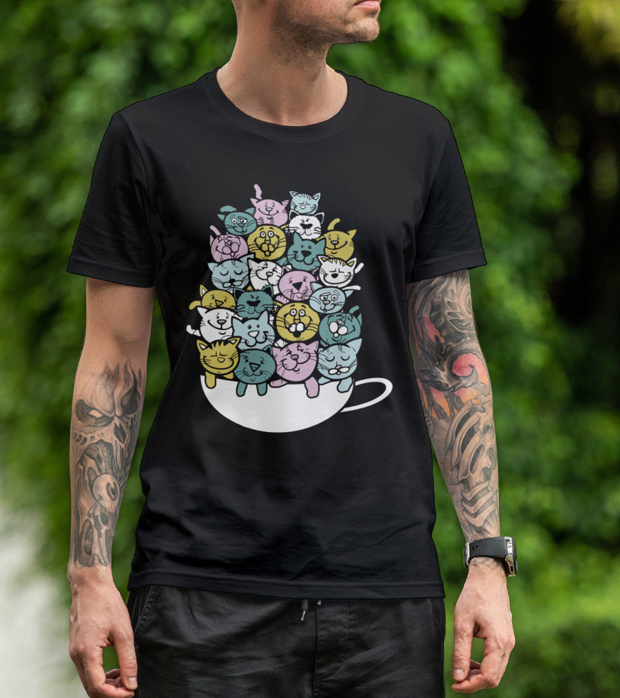Cup Of Kittens Pile In Colorful Cartoon Mug T-Shirt