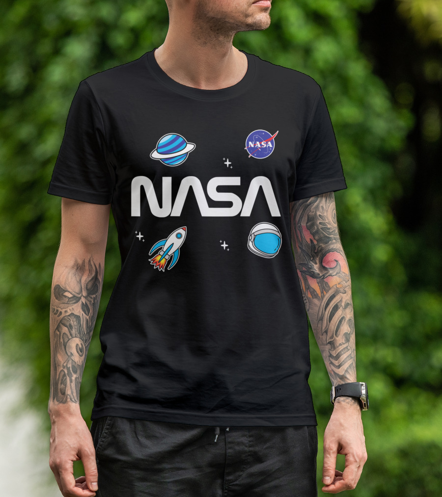 NASA Space Logo With Rocket, Helmet, And Planet Icons T-Shirt