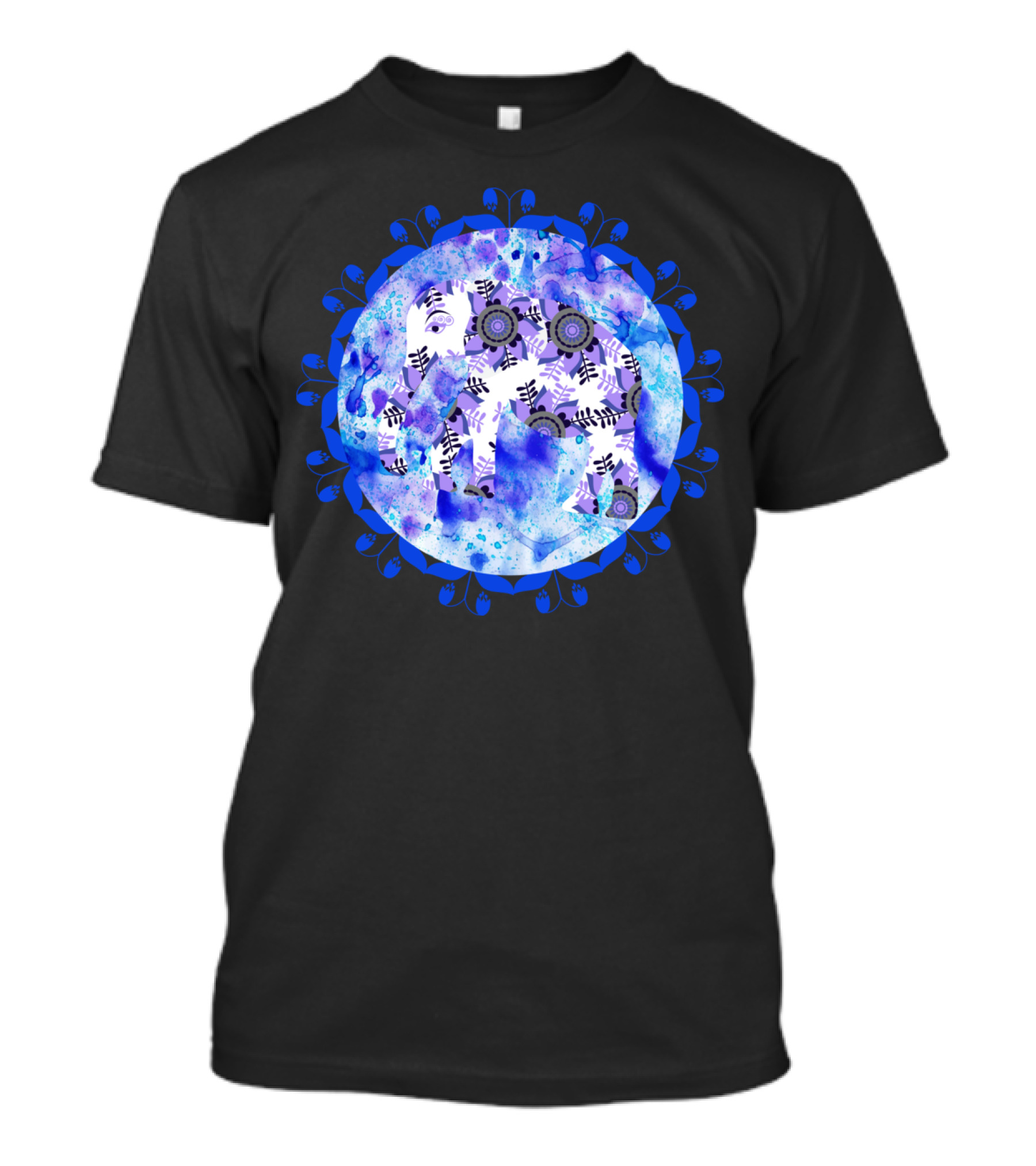 Elephant With Flowers In Watercolor Round Blue Floral Circle T-Shirt