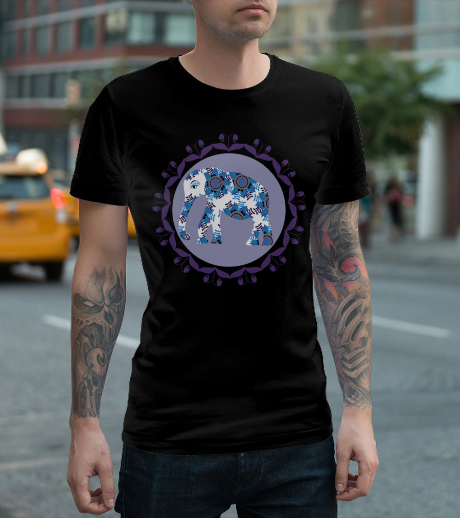 Elephant With Blue and White Pattern in Floral Circle T-Shirt