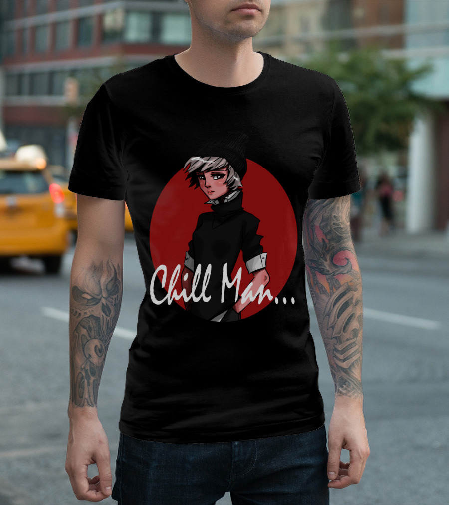 Chill Man. Anime Style Cool Character with Black Beanie T-Shirt