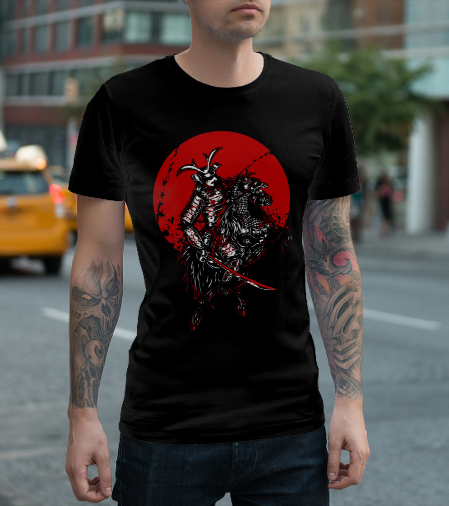 Samurai Warrior on Horseback with Red Sun Background T-Shirt