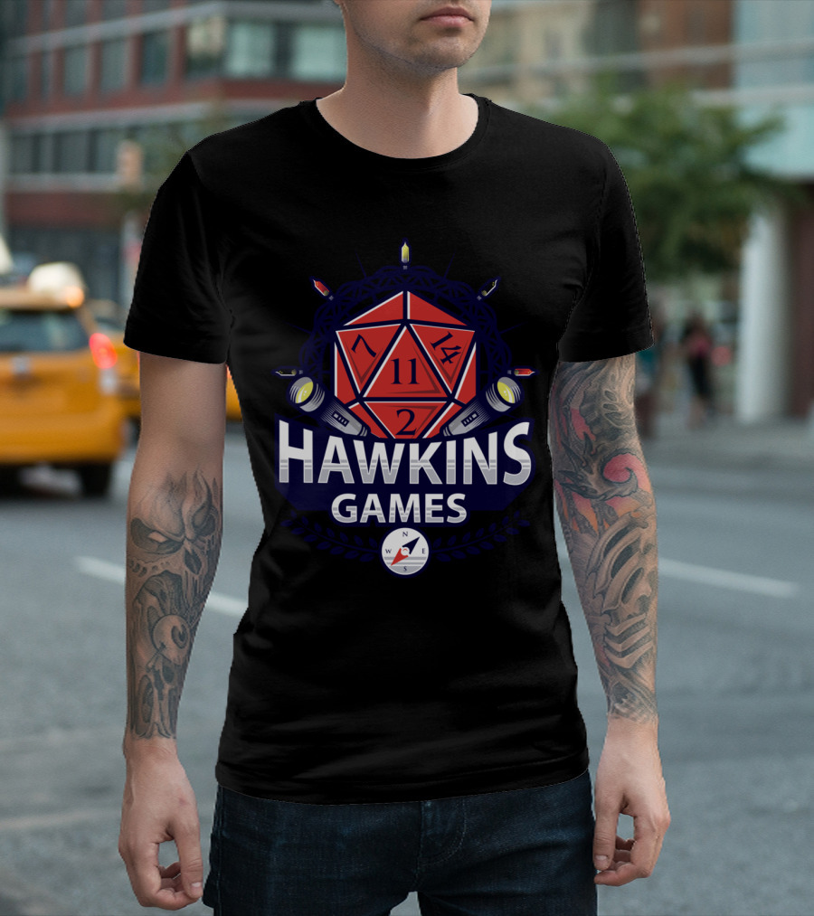 Hawkins Games Compass Flashlights D20 Dice T-Shirt