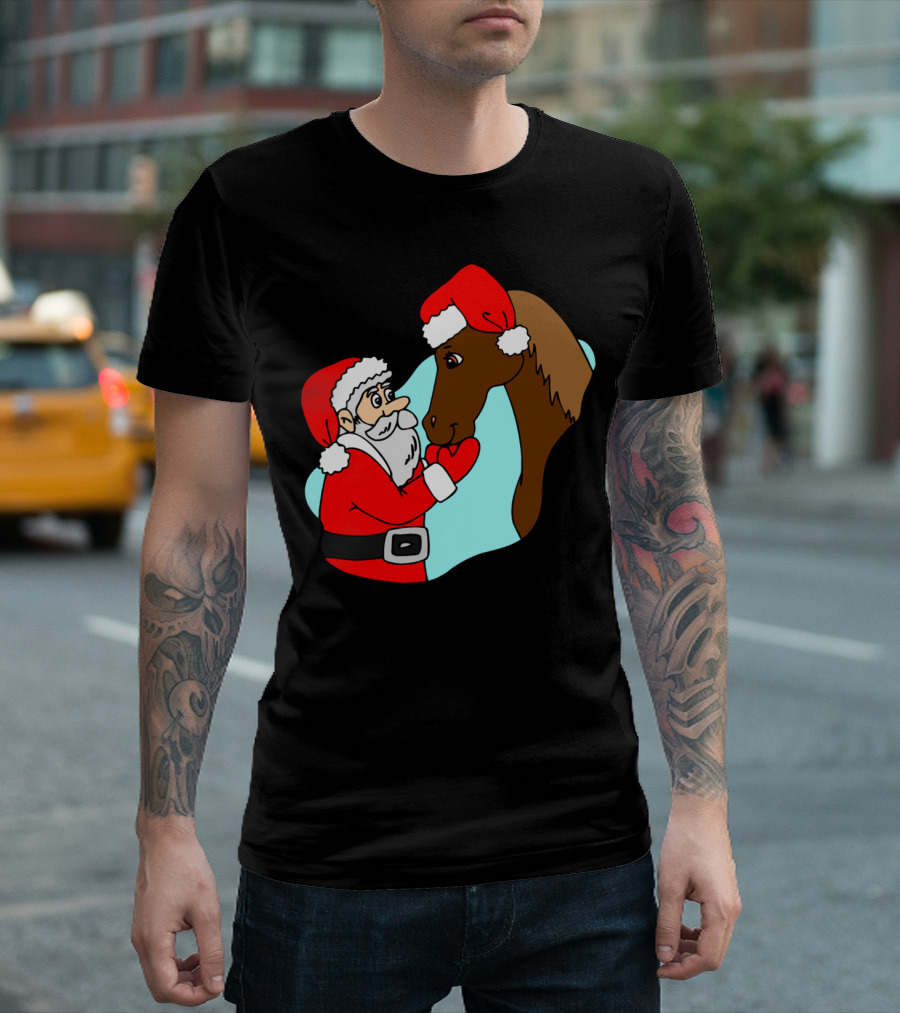 Santa Claus And Horse With Christmas Hats T-Shirt