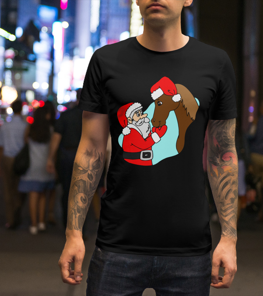 Santa Claus And Horse With Christmas Hats T-Shirt