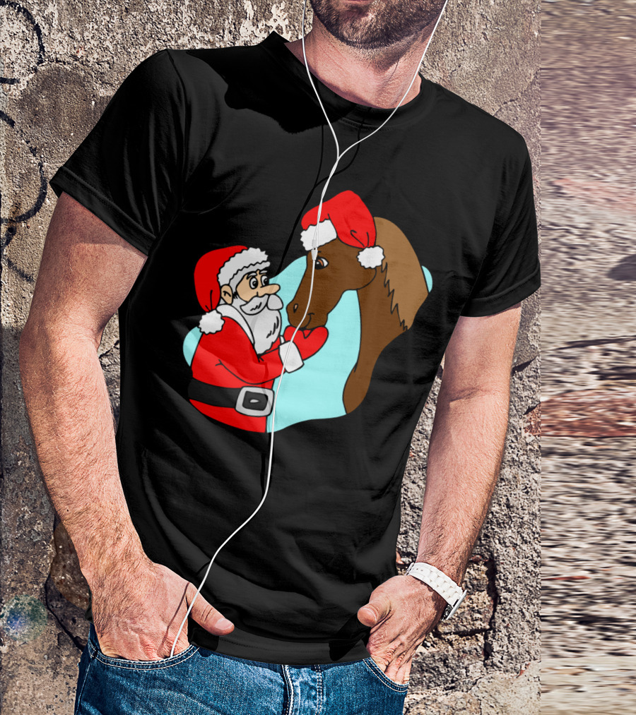 Santa Claus And Horse With Christmas Hats T-Shirt