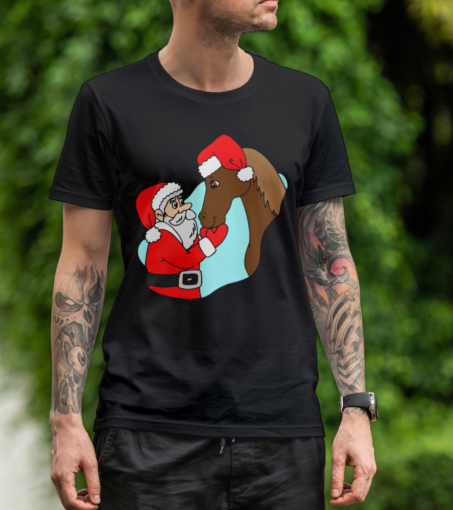 Santa Claus And Horse With Christmas Hats T-Shirt
