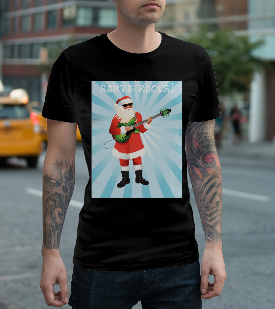 Santa Rocks Christmas Santa Playing Guitar Rock Star Santa T-Shirt