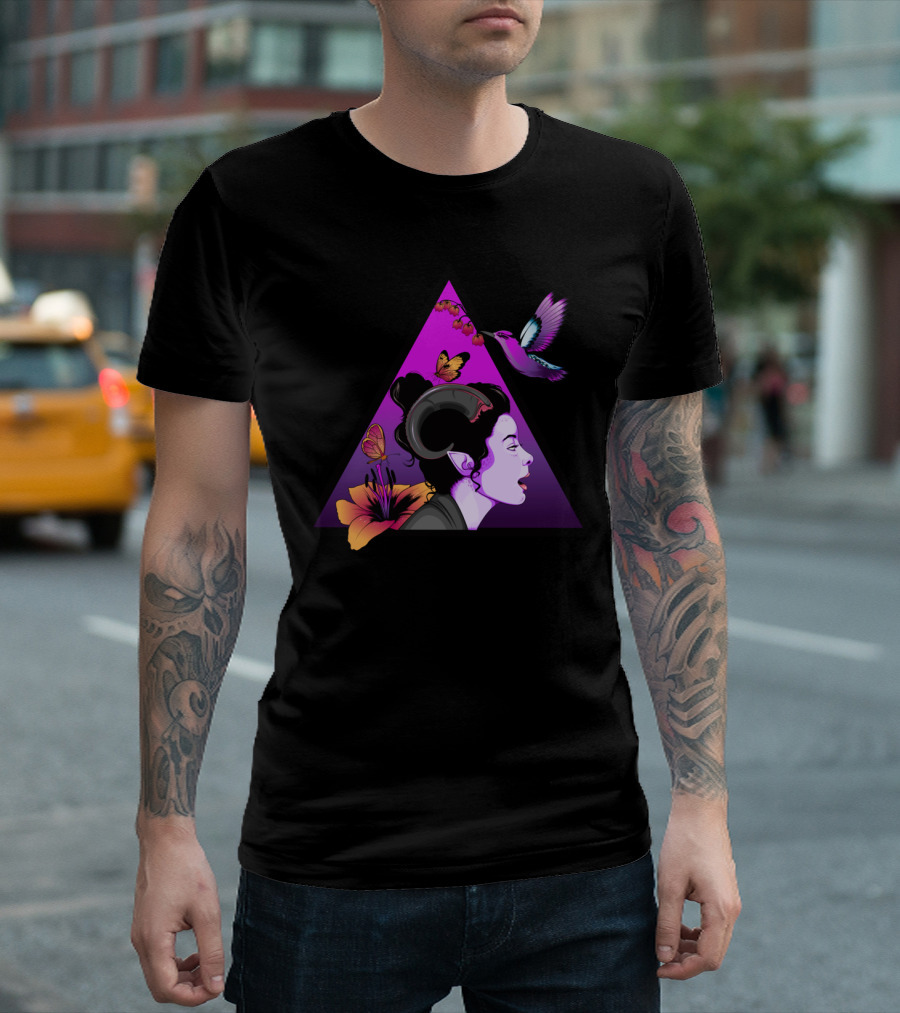 Satyr T Purple Hummingbird Butterfly Triangle Floral T-Shirt