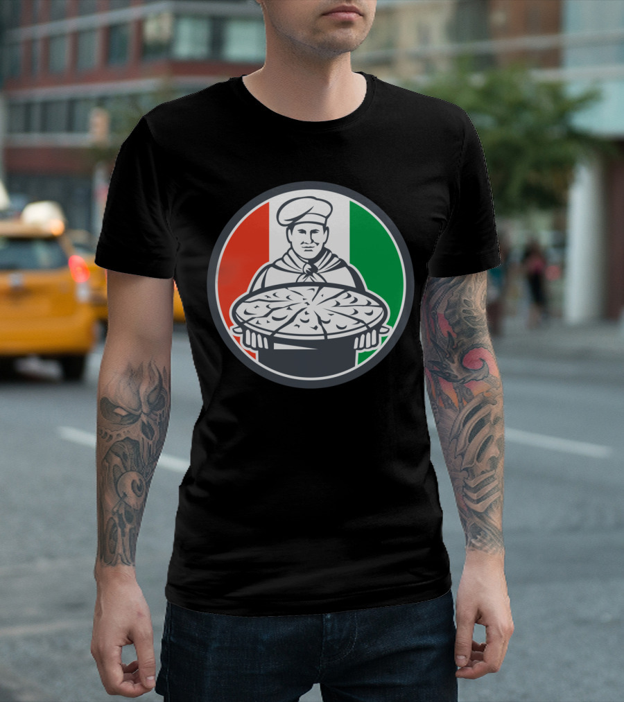 Italian Chef Cook Serving Pizza Circle Flag Background T-Shirt