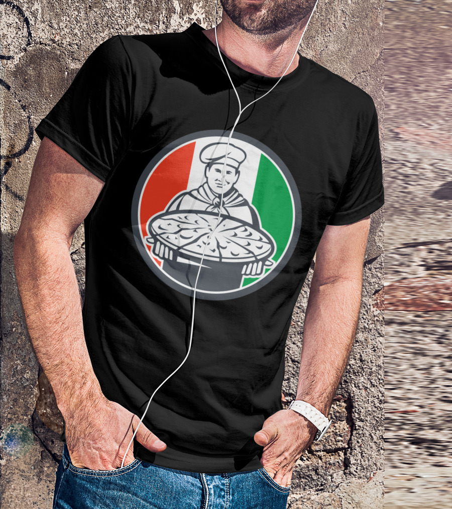 Italian Chef Cook Serving Pizza Circle Flag Background T-Shirt