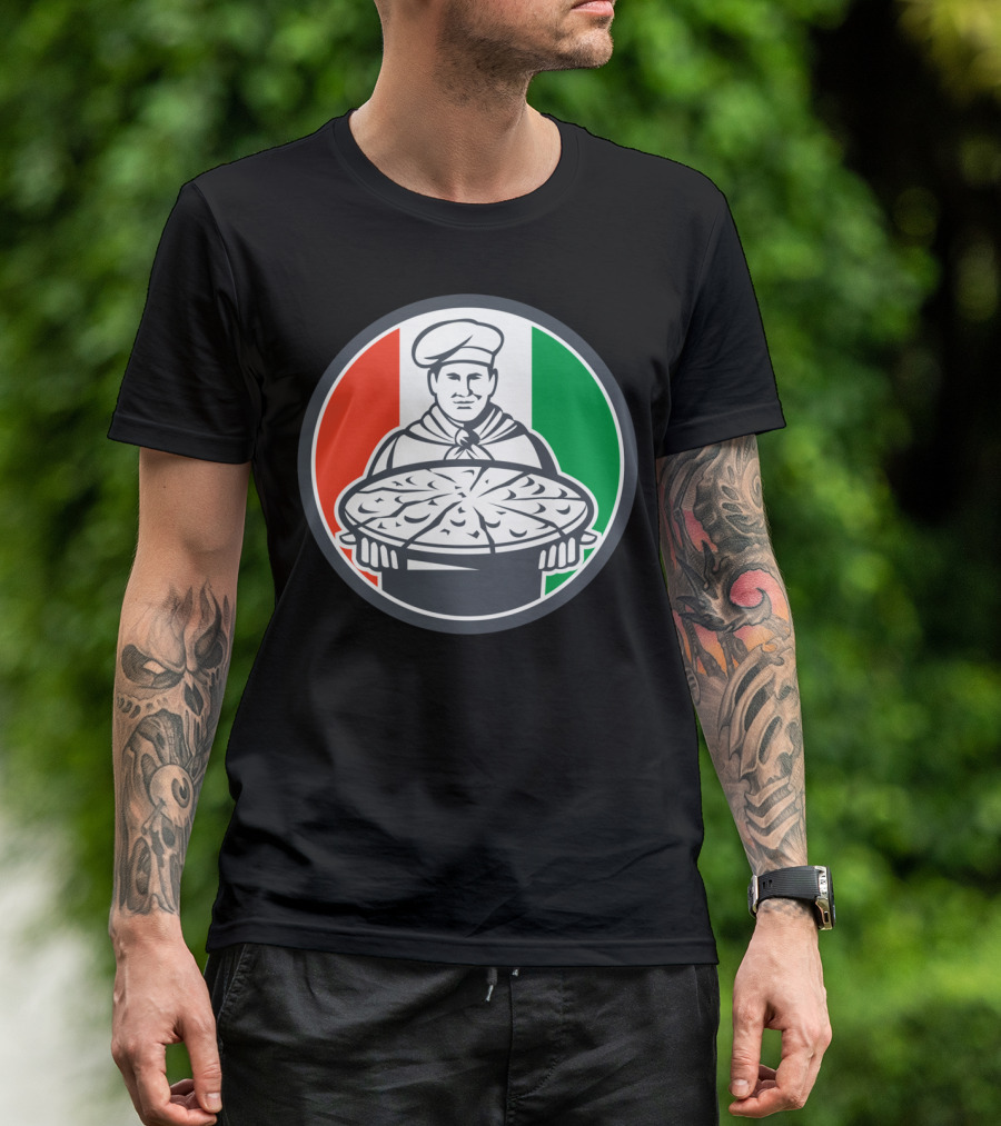 Italian Chef Cook Serving Pizza Circle Flag Background T-Shirt