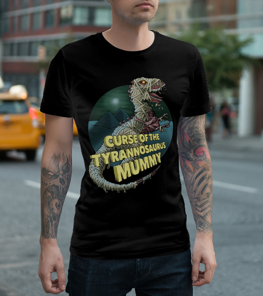 Curse of the Tyrannosaurus Mummy with Bandaged Dinosaur and Pyramids in Moonlit Desert T-Shirt