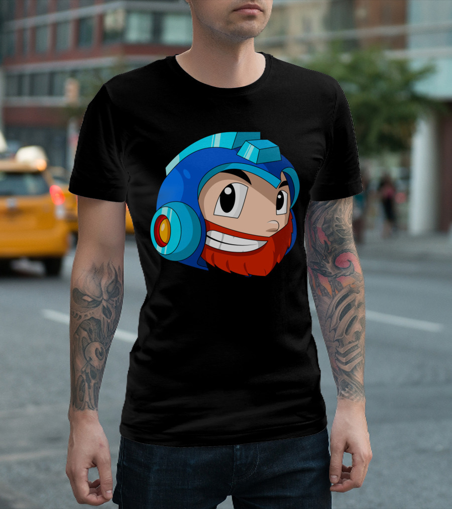 Scarfino Mega Man Inspired Bearded Helmet Cartoon T-Shirt
