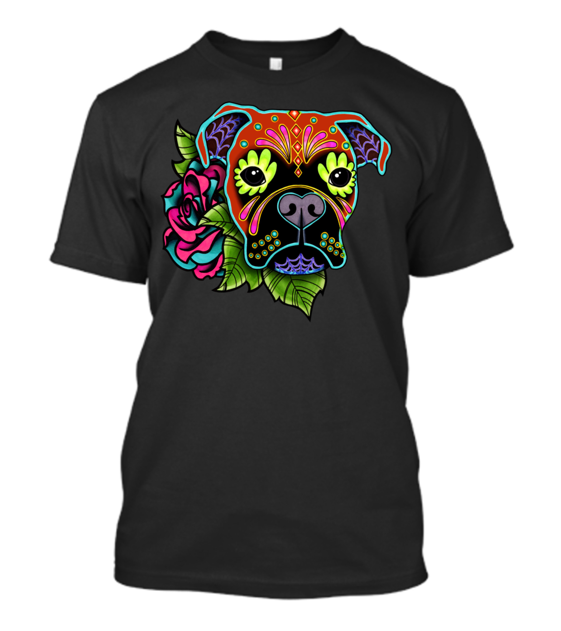 Boxer Fawn Day Of The Dead Sugar Skull Colorful Floral Decor T-Shirt
