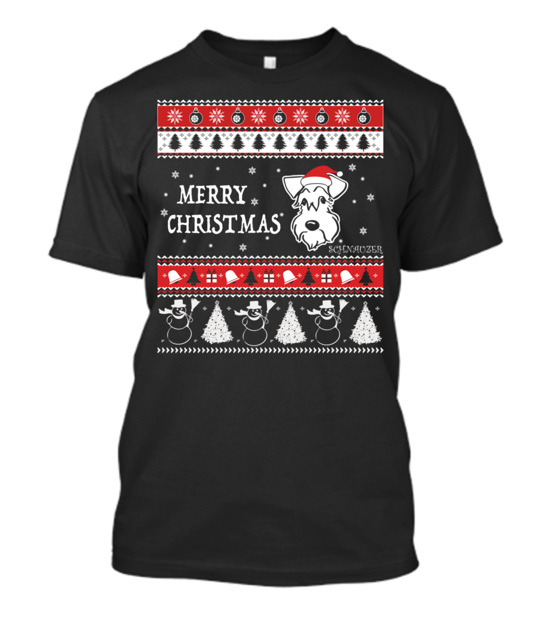 Merry Christmas Schnauzer Snowman Trees T-Shirt