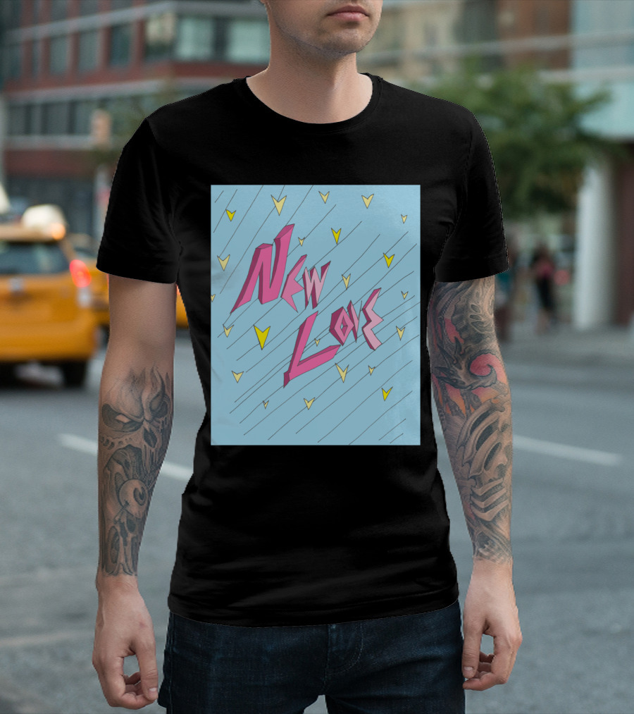 New Love By A with Pastel Yellow Hearts and Abstract Blue Background T-Shirt