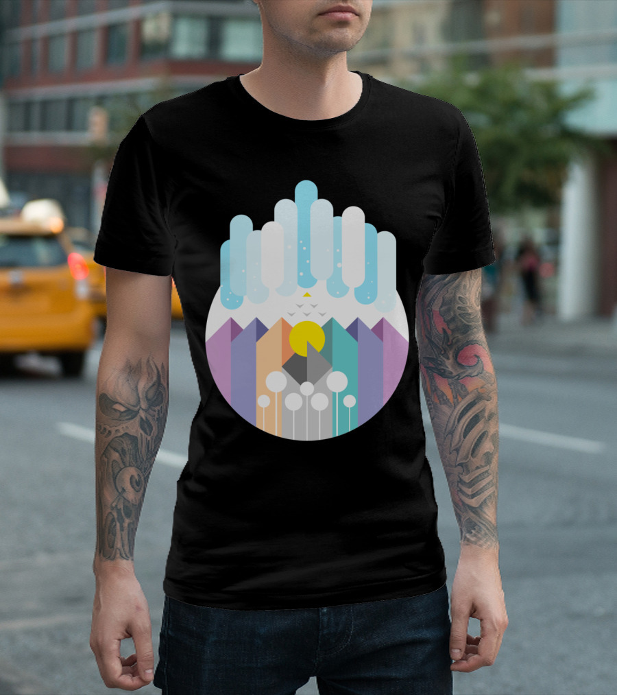 Geomy Geometric Landscape With Pastel Mountains And Abstract Sky Elements T-Shirt