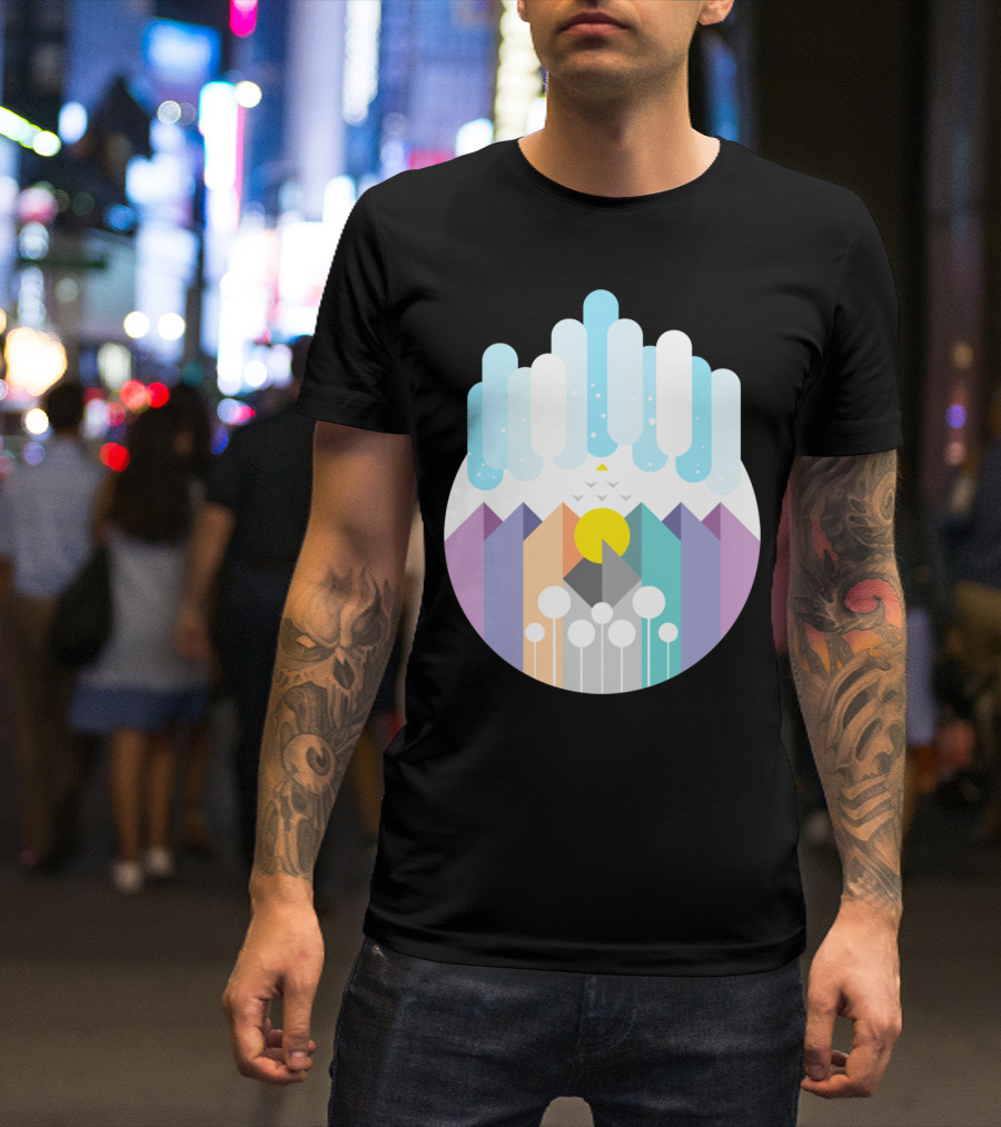 Geomy Geometric Landscape With Pastel Mountains And Abstract Sky Elements T-Shirt