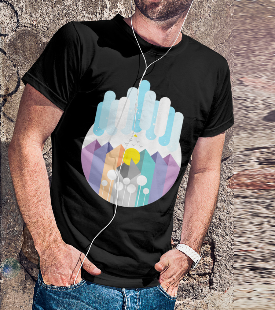 Geomy Geometric Landscape With Pastel Mountains And Abstract Sky Elements T-Shirt