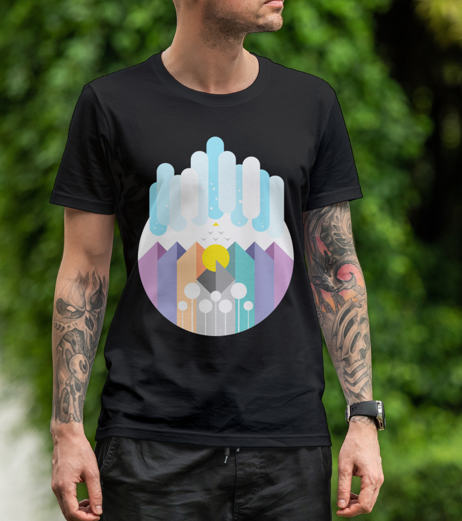 Geomy Geometric Landscape With Pastel Mountains And Abstract Sky Elements T-Shirt