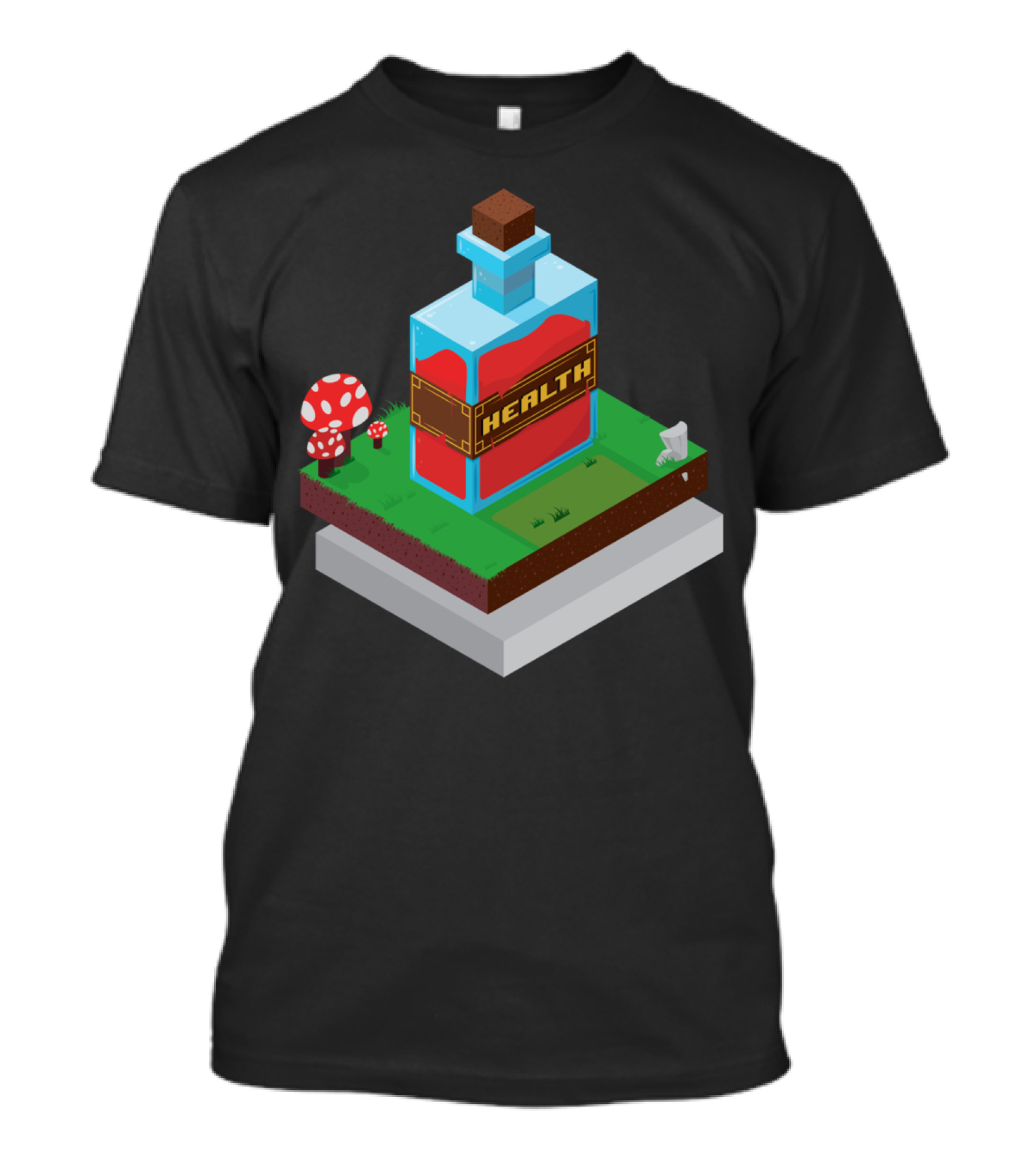 Health Potion Isometric Pixel Art With Mushrooms On Grass Block T-Shirt