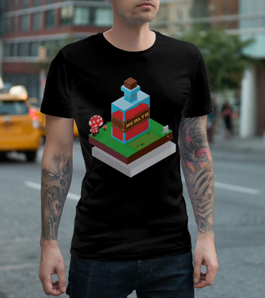 Health Potion Isometric Pixel Art With Mushrooms On Grass Block T-Shirt