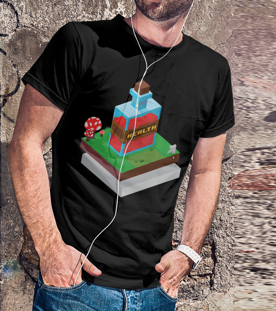 Health Potion Isometric Pixel Art With Mushrooms On Grass Block T-Shirt