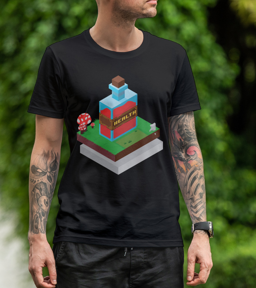 Health Potion Isometric Pixel Art With Mushrooms On Grass Block T-Shirt