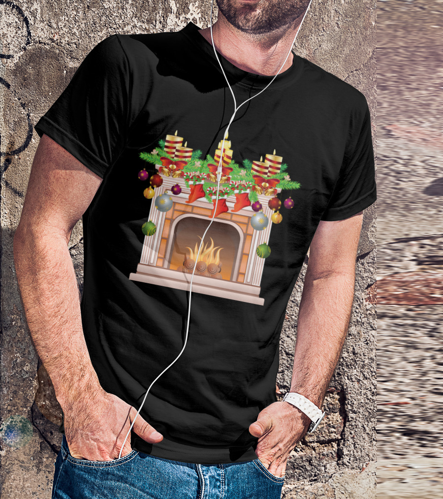 Christmas Fireplace Stockings Candles Garland Baubles T-Shirt
