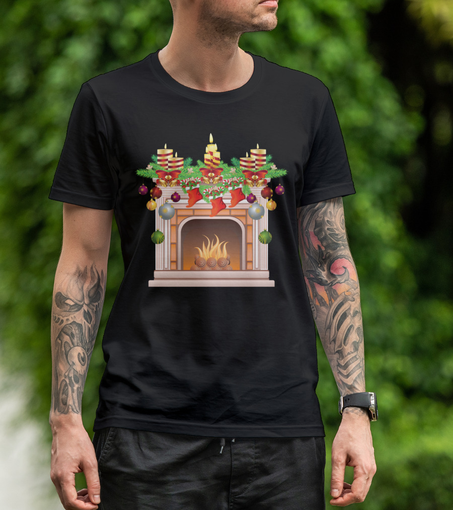 Christmas Fireplace Stockings Candles Garland Baubles T-Shirt