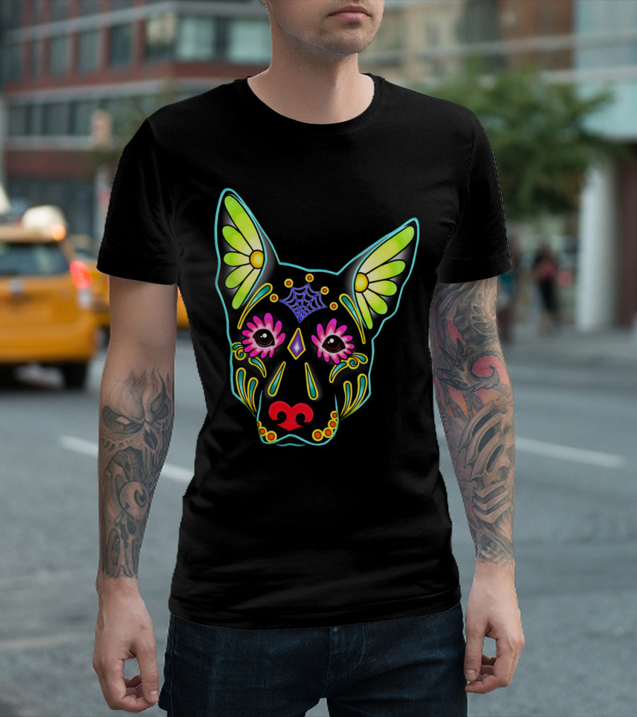 German Shepherd in Black Day of the Dead Sugar Skull T-Shirt