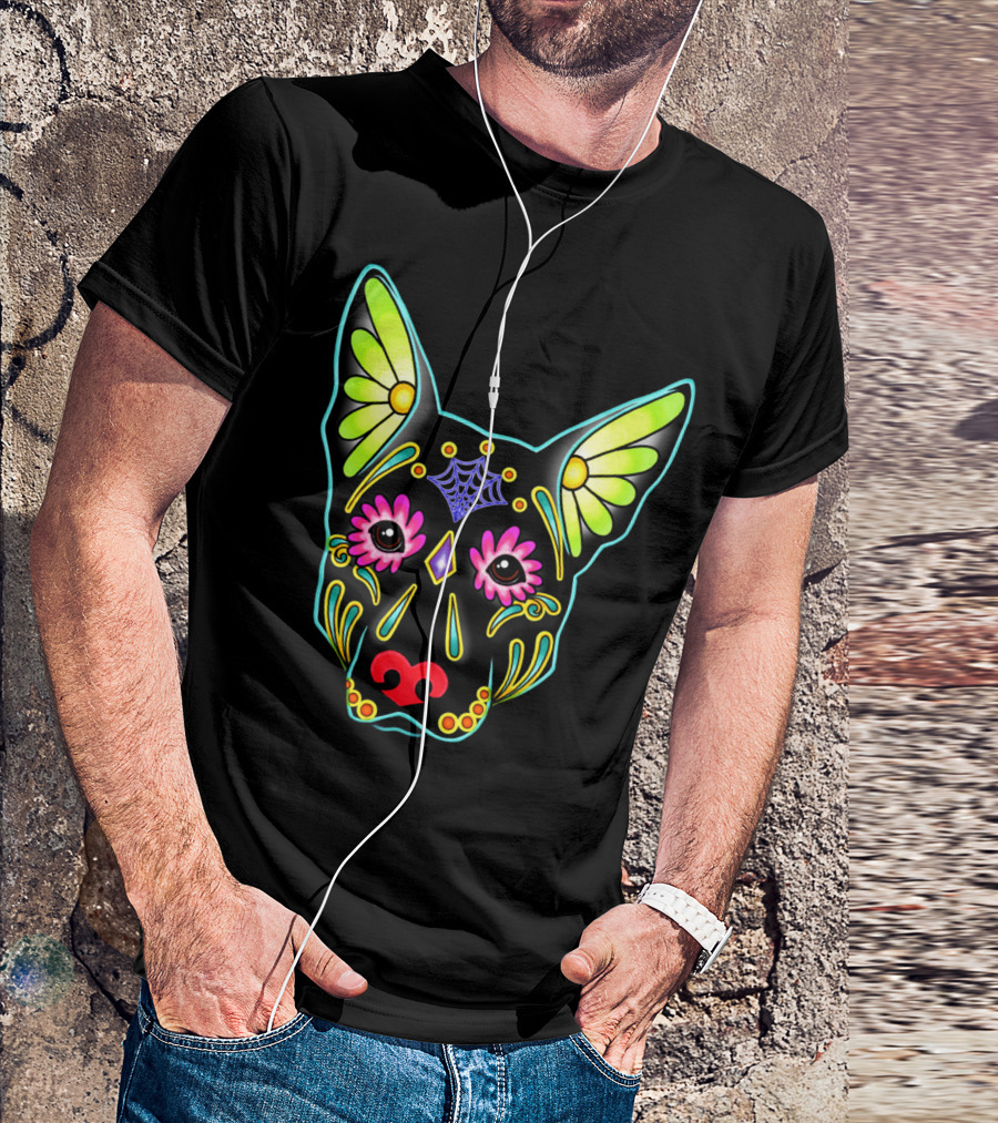 German Shepherd In Black Day Of The Dead Sugar Skull T-Shirt