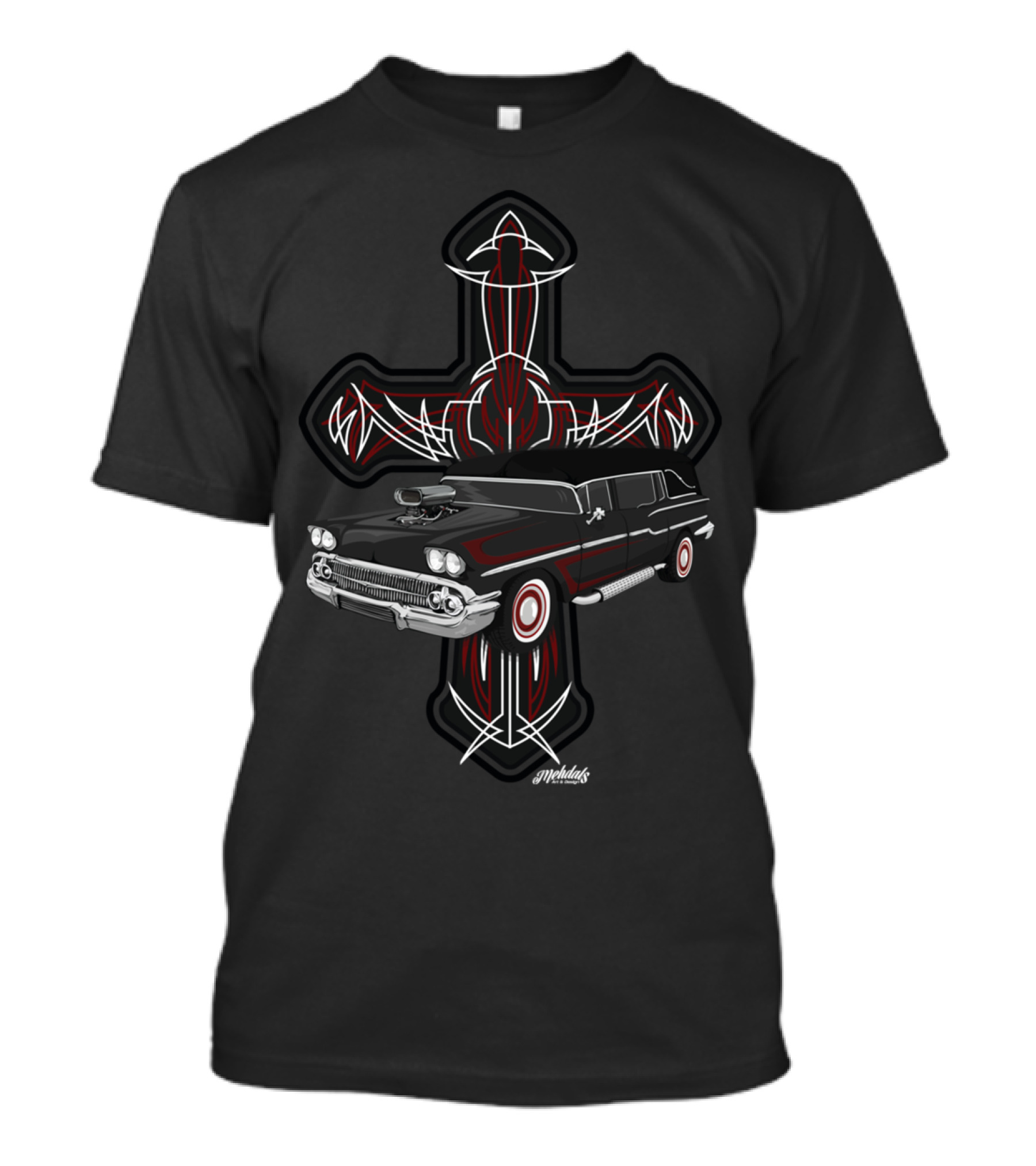 Hearse And Cross Pinstriped Gothic Motif T-Shirt