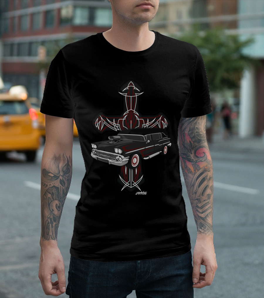 Hearse And Cross Pinstriped Gothic Motif T-Shirt