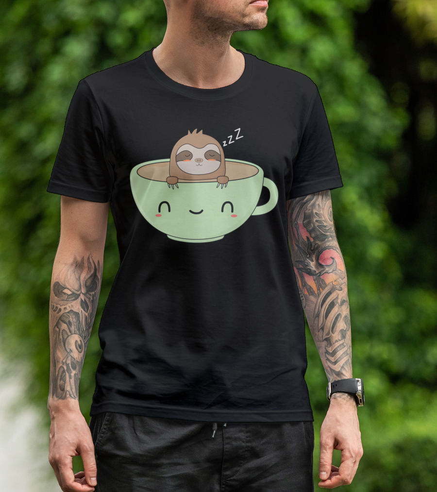 Cute And Funny Sloth Sleeping In Coffee Cup T-Shirt