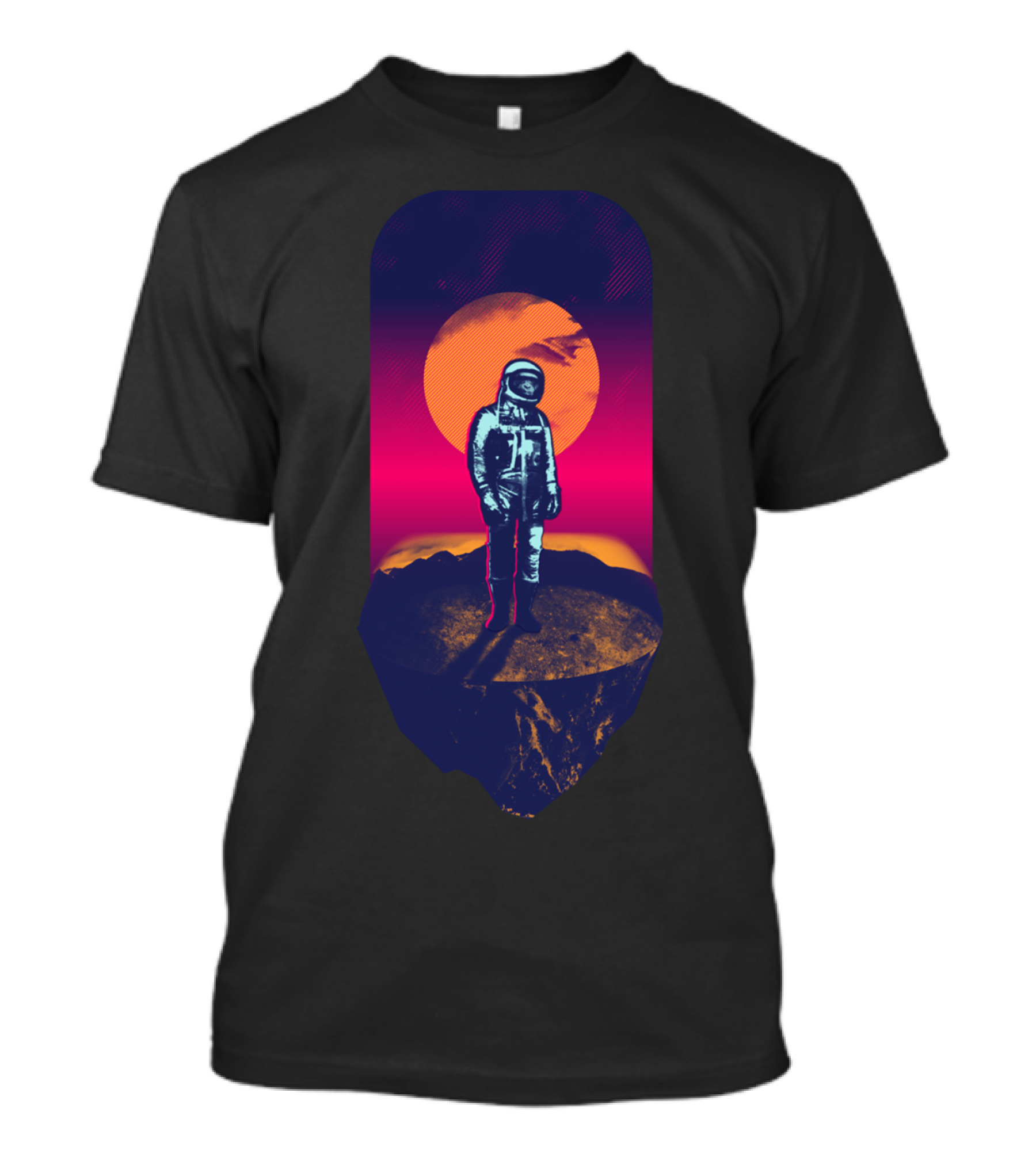 Awakening In A Strange Land Astronaut Against Vibrant Sunset On Rocky Landscape T-Shirt