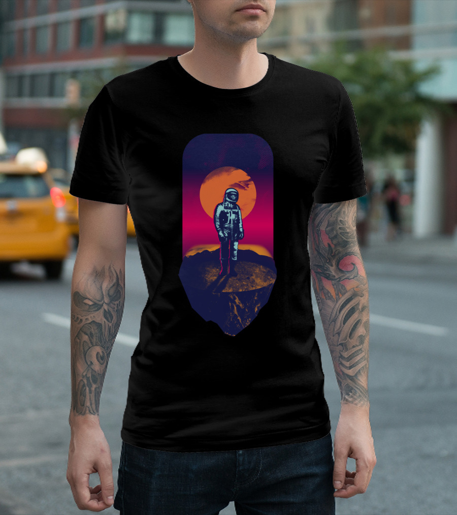 Awakening In A Strange Land Astronaut Against Vibrant Sunset On Rocky Landscape T-Shirt
