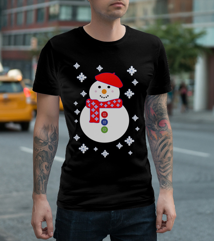 Christmas Snowman with Red Beret and Scarf Surrounded by Snowflakes T-Shirt