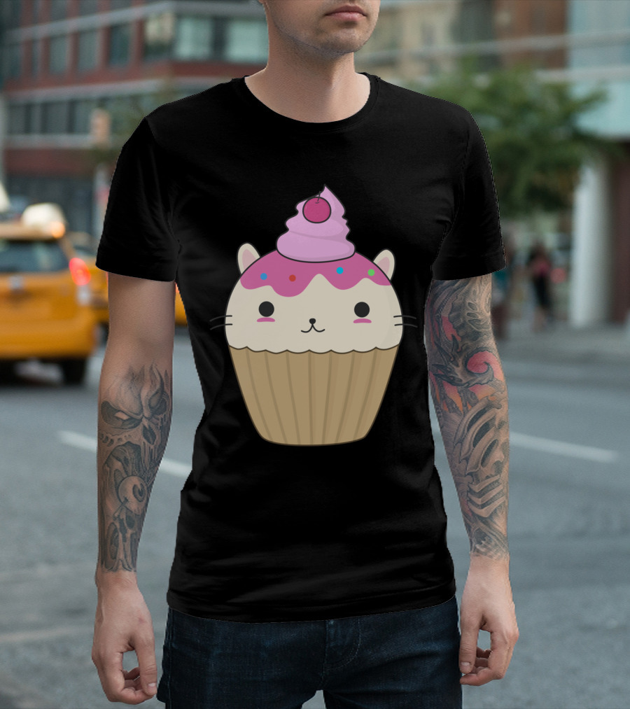Cute Kawaii Cat Cupcake With Cherry And Sprinkles T-Shirt